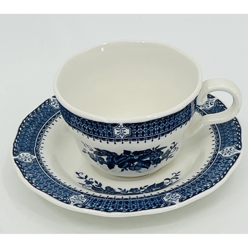 Vintage Nikko Ironstone Tea Cup and Saucer Blue Royal Japan Floral‎